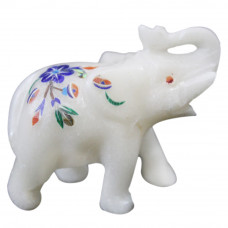 White Marble Inlay Saluting Elephant Sculpture Pietra Dura Art