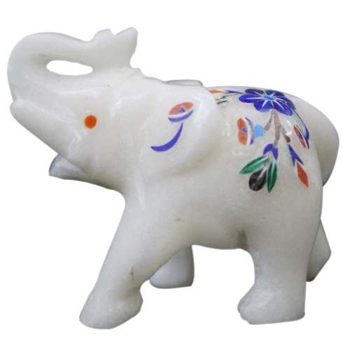 White Marble Inlay Saluting Elephant Sculpture Pietra Dura Art