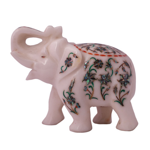 Saluting White Marble Elephant Statue Inlaid With Paua Shell Gemstone