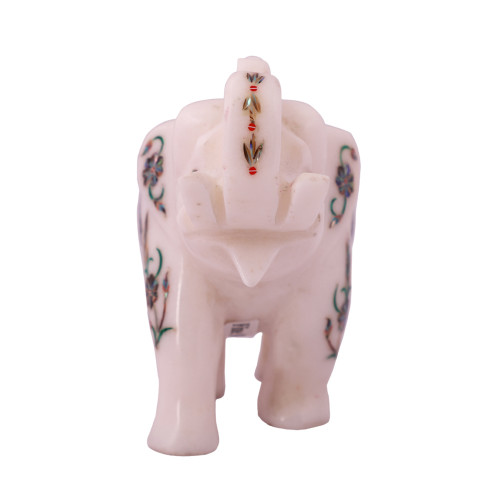Saluting White Marble Elephant Statue Inlaid With Paua Shell Gemstone