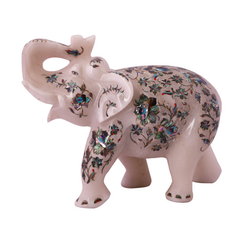 Home Decor White Marble Elephant Statue Inlaid With Pauch Shell Gemstone