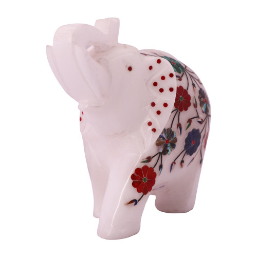 Floral White Marble Elephant Statue
