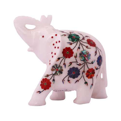 Floral White Marble Elephant Statue