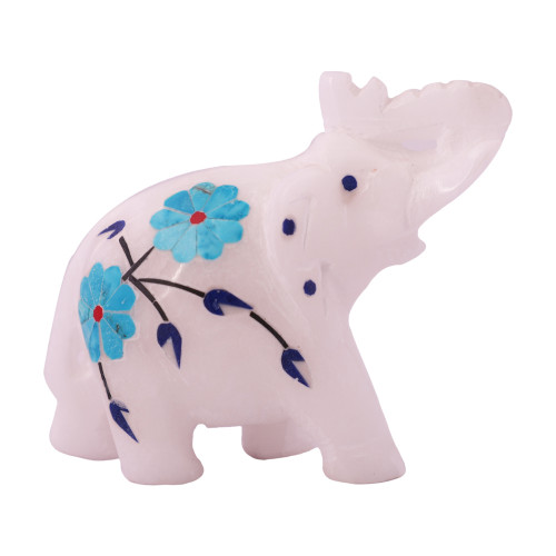 White Marble Elephant Sculpture Inlaid With Turquoise Gemstone