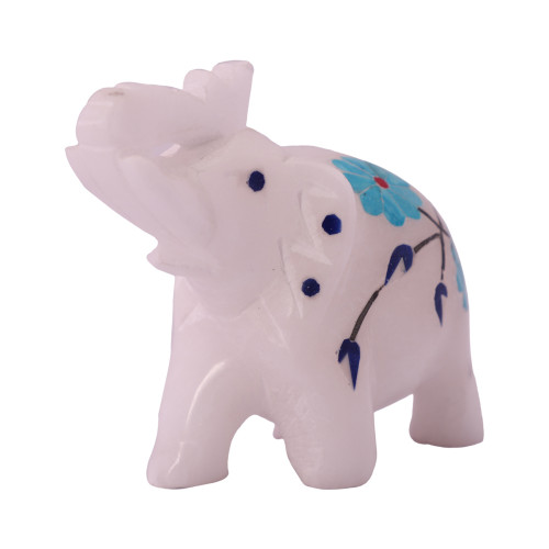 White Marble Elephant Sculpture Inlaid With Turquoise Gemstone