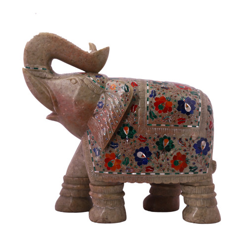 Saluting Green Marble Elephant Statue For Home Decor