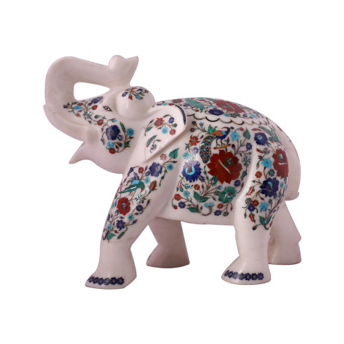 Saluting White Marble Elephant Statue Inlaid Peacock