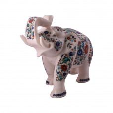 Saluting White Marble Elephant Statue Inlaid Peacock