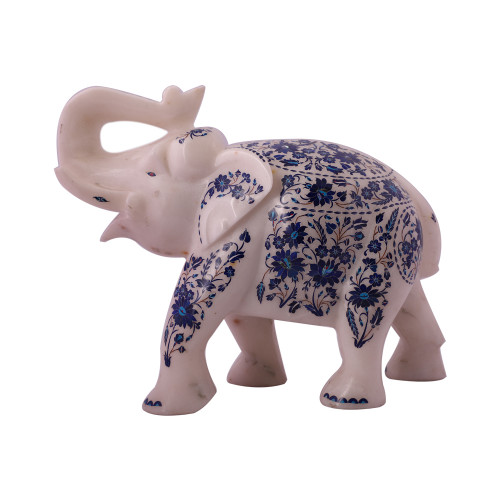 Fully Decorative White Marble Elephant Statue Inlaid With Gemstones