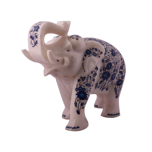 Fully Decorative White Marble Elephant Statue Inlaid With Gemstones
