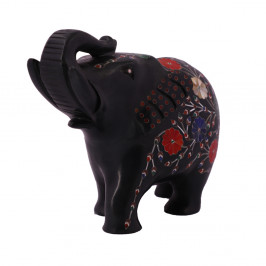 Black Marble Elephant Statue Inlaid With Carnelian Gemstone