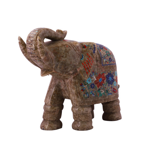 Green Marble Elephant Statue Inlaid With Semiprecious Stones