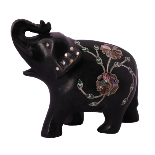 Black Marble Elephant Sculpture Inlaid With Paua Shell Gemstone