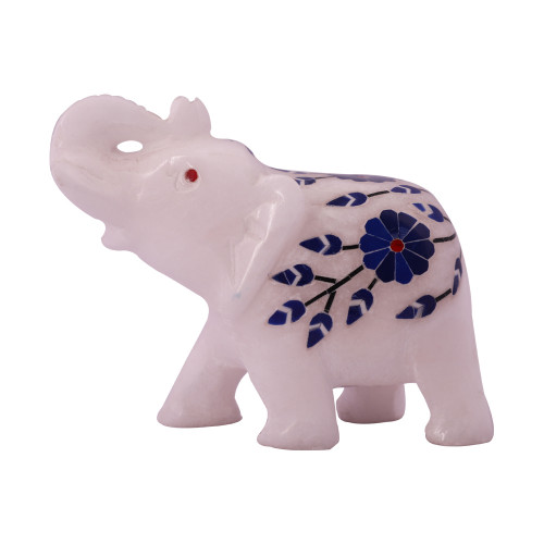 Solid White Marble Elephant Statue Inlaid With Semiprecious Stones