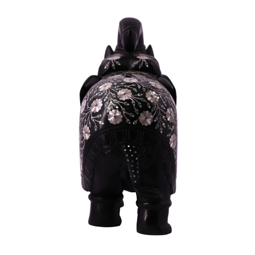 Decorative Black Marble Elephant Figurine Inlaid With Semiprecious Stones