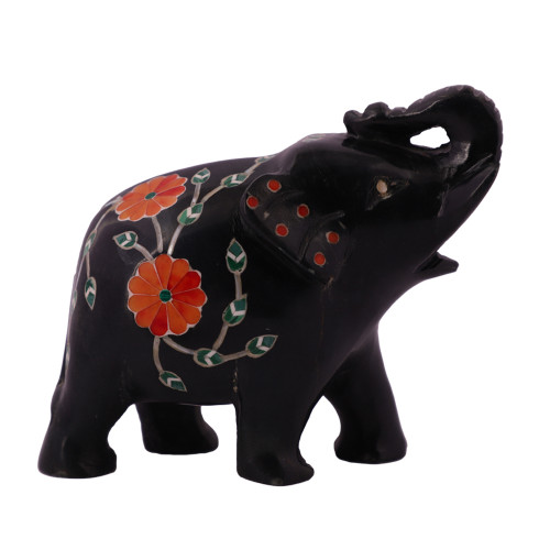 Saluting Black Marble Elephant Figurine Inlaid With Carnelian Gemstone