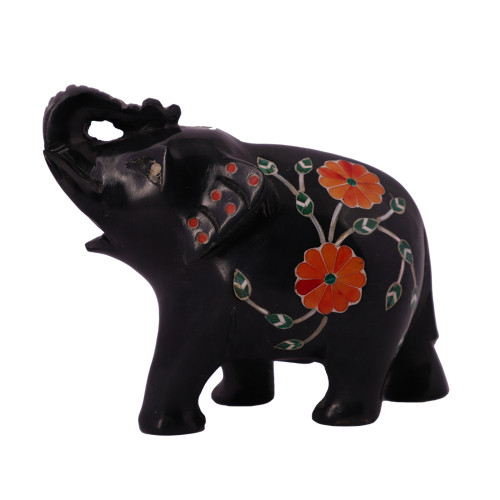 Saluting Black Marble Elephant Figurine Inlaid With Carnelian Gemstone