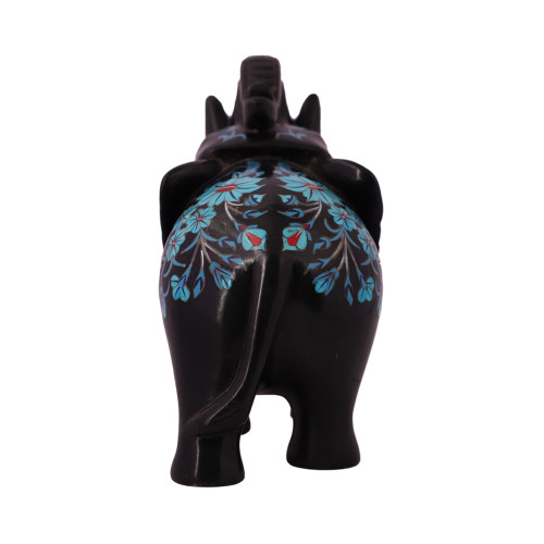 Black Marble Elephant Figurine For Home Inlaid With Turquoise 