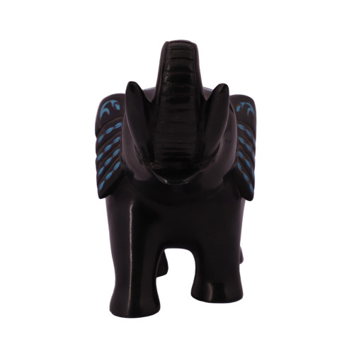 Black Marble Elephant Figurine For Home Inlaid With Turquoise 