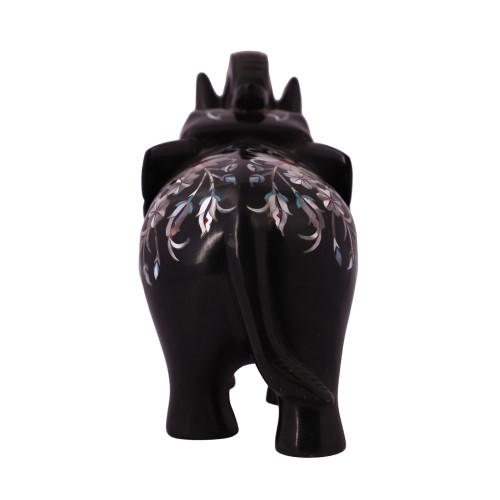 Black Marble Elephant Statue For Home Inlaid With Mother of Pearl