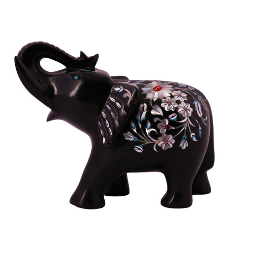 Black Marble Elephant Statue For Home Inlaid With Mother of Pearl
