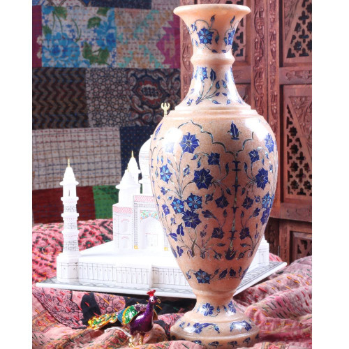 Handmade Inlaid Lapislazuli Pink Marble Flower Vase For Home 