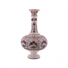 Antique Decorative White Marble Flower Pot Inlaid Gemstones 