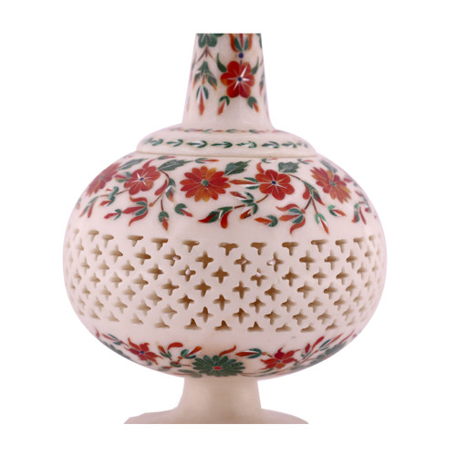 Handmade Lattice Design White Marble Flower Vase Inlaid Pietra Dura Work 