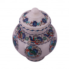 Handmade White Marble Flower Pot Inlay Peacock And Parrot Design 
