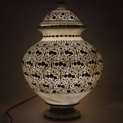 Fine Decorative White Marble Flower Pot Inlaid Lapislazuli Gemstone 