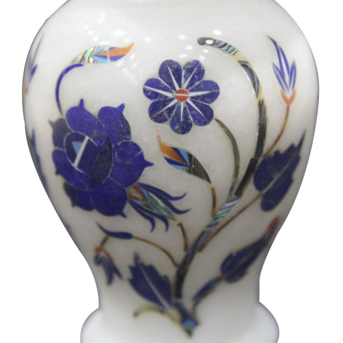 Luxury White Marble Flower Vase Inlaid Semi Precious Stones 