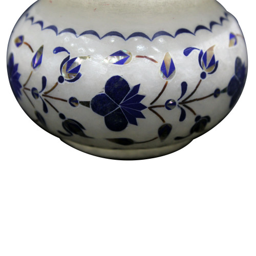 Handmade White Marble Flower Pot Inlaid Lapis Lazuli 