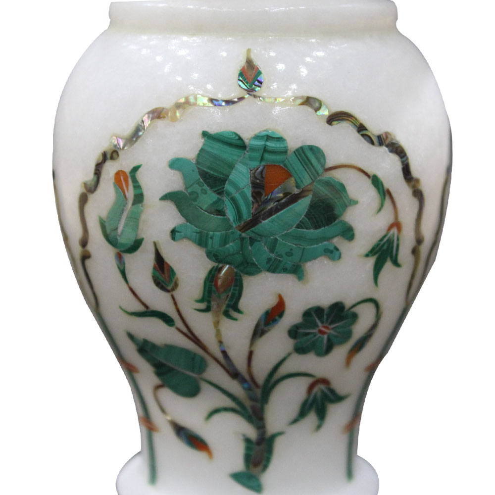 Carved white Marble small vase with Inlay of Malachite and Ambalone MARBLE MALACHITE INLAY Vase Made in India made in India Hand carved