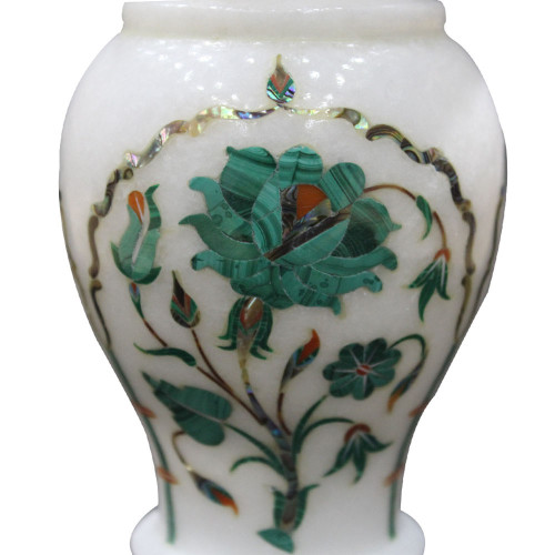 White Marble Flower Vase Inlaid Malachite Stone 