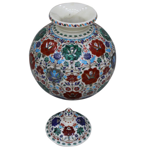Antique Design Inlay White Marble Pot Pietra Dura 