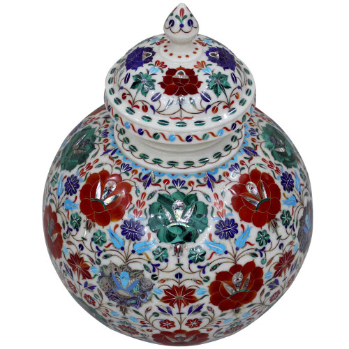 Antique Design Inlay White Marble Pot Pietra Dura 