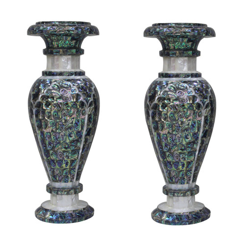 Mosaic Art White Marble Inlay Flower Vase In Pair 