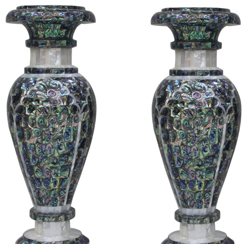 Mosaic Art White Marble Inlay Flower Vase In Pair 