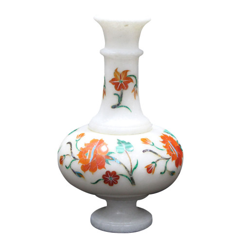 Unique Decorative White Marble Vase Inlay Carnelian Gem Stone- 