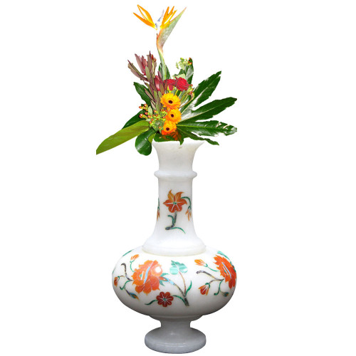 Unique Decorative White Marble Vase Inlay Carnelian Gem Stone- 