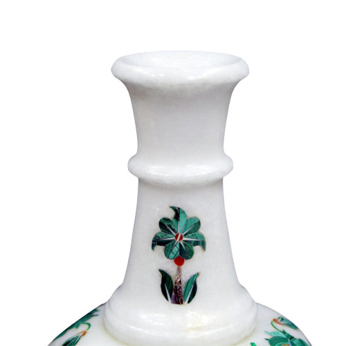White Marble Flower Vase Inlaid Malachite Gem Stone 