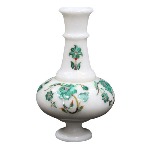 White Marble Flower Vase Inlaid Malachite Gem Stone 