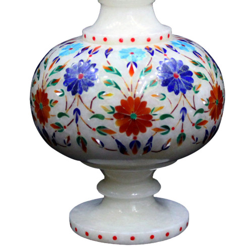 White Marble Decorative Flower Vase Pietra Dura Art 