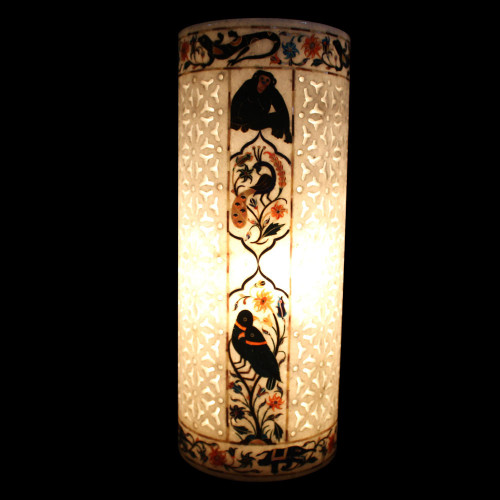 White Marble Inlay Floor Vases Parrot Pietra Dura 