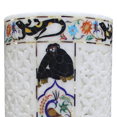 White Marble Inlay Floor Vases Parrot Pietra Dura 