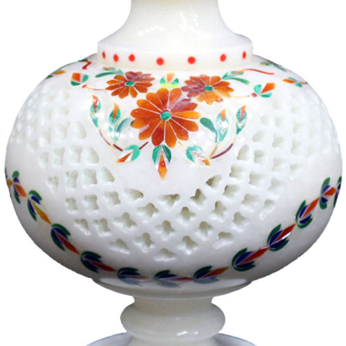 Filigree White Marble Decorative Flower Pot 