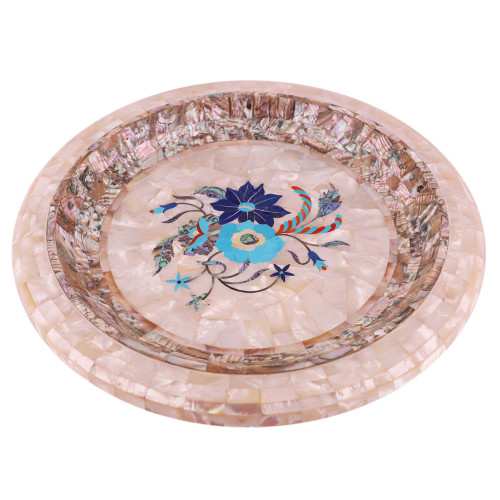 Home Decorative White Marble Fruit Bowl Inlaid Mother of Pearl Gemstone
