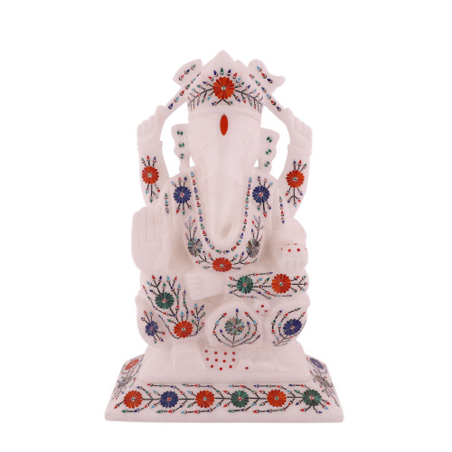 White Marble Lord Ganesha Statue Inlaid Semiprecious Gemstone