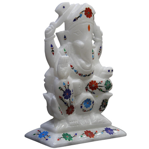 6.5" x 4.5" Inch Antique Pietra Dura Art Inlay White Lord Ganesha Statue