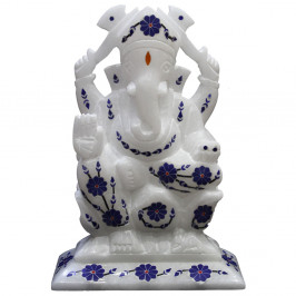  6.5" x 4.5" Inch Lapislazuli Gemstone Inlaid White Marble Ganesh Figurine